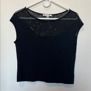 St. John Black Knit Top with Sheer Sparkle Detail